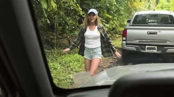 Porn video A young hot blonde got stuck on her car in the forest and the guy decided to help her