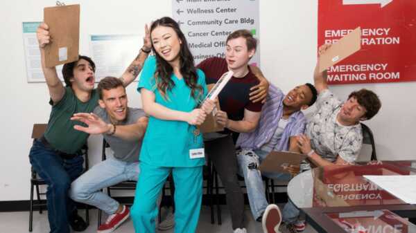 Porn video Two guys came to donate sperm, but they could not finish, so the Asian nurse decided to help the guys do it